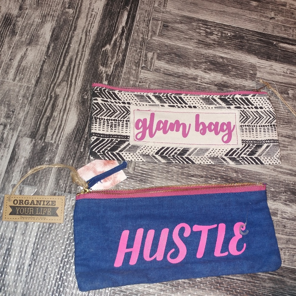 NEW Handcrafted Pencil / Cosmetic Cases "hustle" & "glam bag" 2pc
